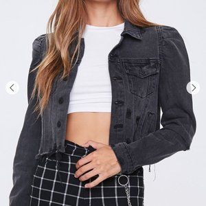 Forever 21 Frayed Puff-Sleeve Denim Jacket Size Small Color Washed Black